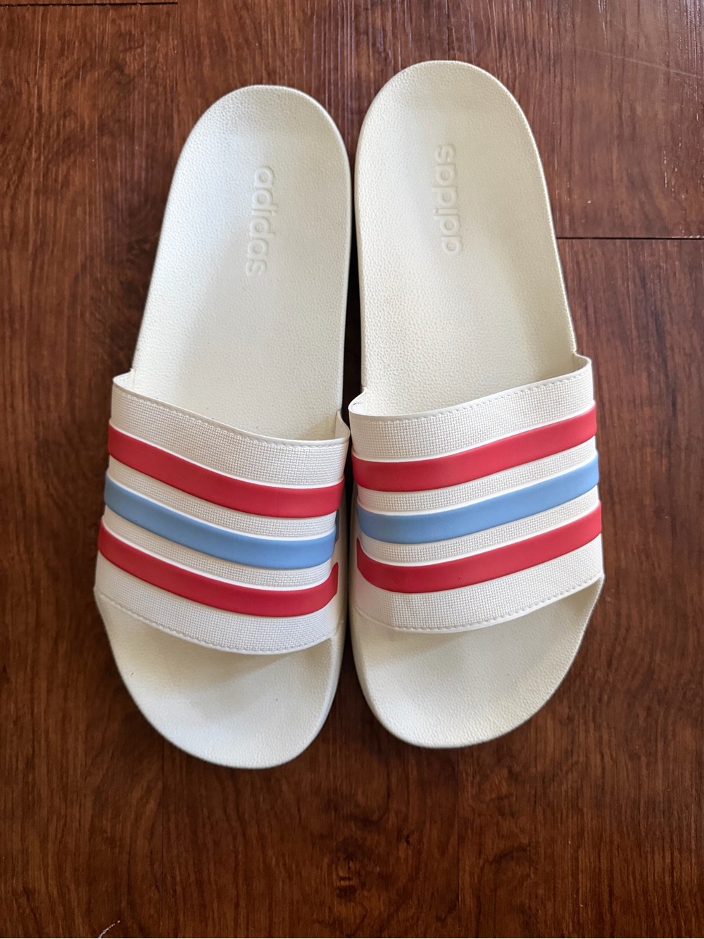 adidas Women’s Cream Slide Sandals with Red and Blue Stripes